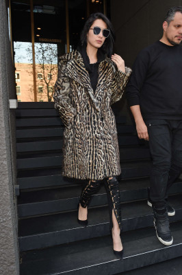 Bella Hadid in Leopard Print Coat Leaving her hotel in Milan