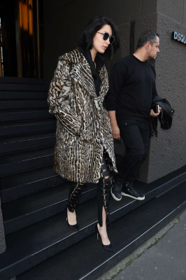 Bella Hadid in Leopard Print Coat Leaving her hotel in Milan