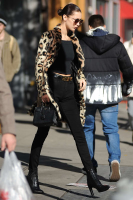 Bella Hadid in Leopard Print Coat Out in NYC