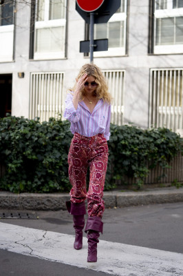 Elsa Hosk is seen during Milan Fashion Week on February 21, 2020 in Milan, Italy
