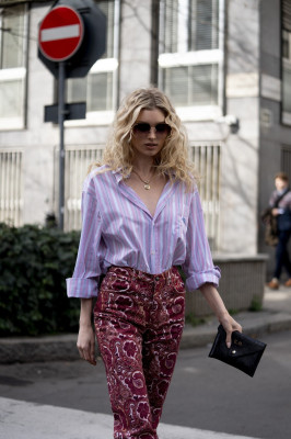 Elsa Hosk is seen during Milan Fashion Week on February 21, 2020 in Milan, Italy