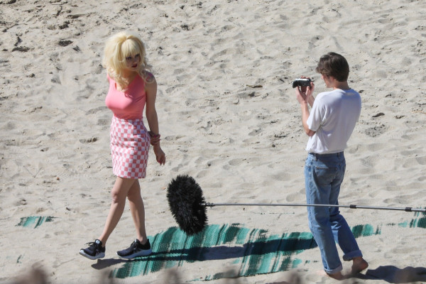 Emmy Rossum - films scenes Angelyne on the beach in Malibu, CA | 26.02.2020