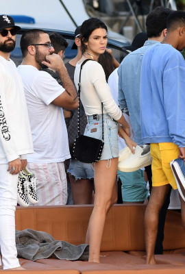 Kendall Jenner in Shorts with a friends on a Boat in Miami