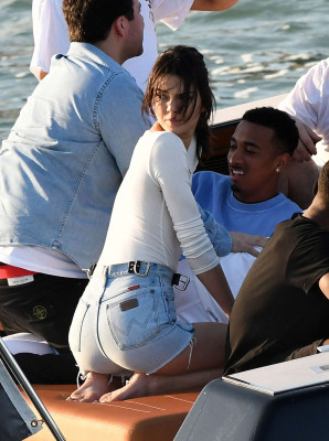 Kendall Jenner in Shorts with a friends on a Boat in Miami