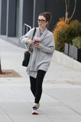 Lily Collins in a Grey Granny Sweater – Los Angeles