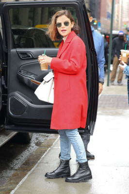 Lucy Hale in Red Coat Out in NYC