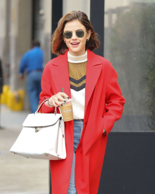 Lucy Hale in Red Coat Out in NYC