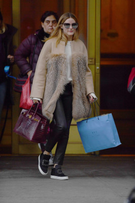 Olivia Palermo in Beige Fur Coat out in Brooklyn