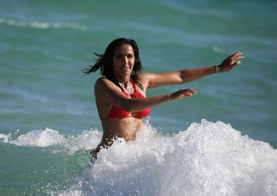 Padma Lakshmi in a Red Bikini, Summer 2019