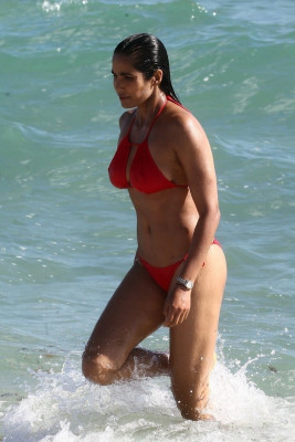 Padma Lakshmi in a Red Bikini, Summer 2019