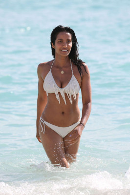 Padma Lakshmi in White Bikini on Miami Beach