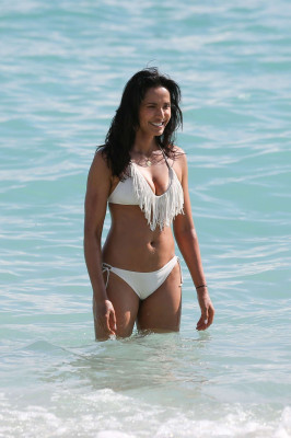 Padma Lakshmi in White Bikini on Miami Beach