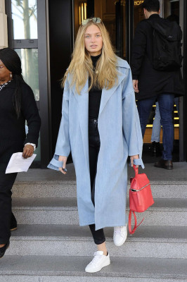 Romee Strijd in Long Coat out and about in Milan