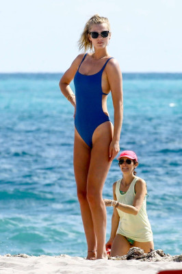 Toni Garrn in Blue Swimsuit on the beach in Miami