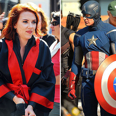 Скарлетт Йоханссон и Крис Эванс на съемках "Мстителей"